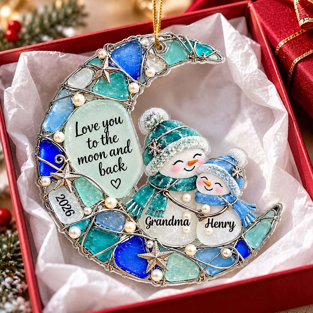 Grandma Grandkid Snowman On Moon 2D Flat Printed - Personalized Acrylic Ornament - Christmas Gift For Grandkid, Grandson, Granddaughter