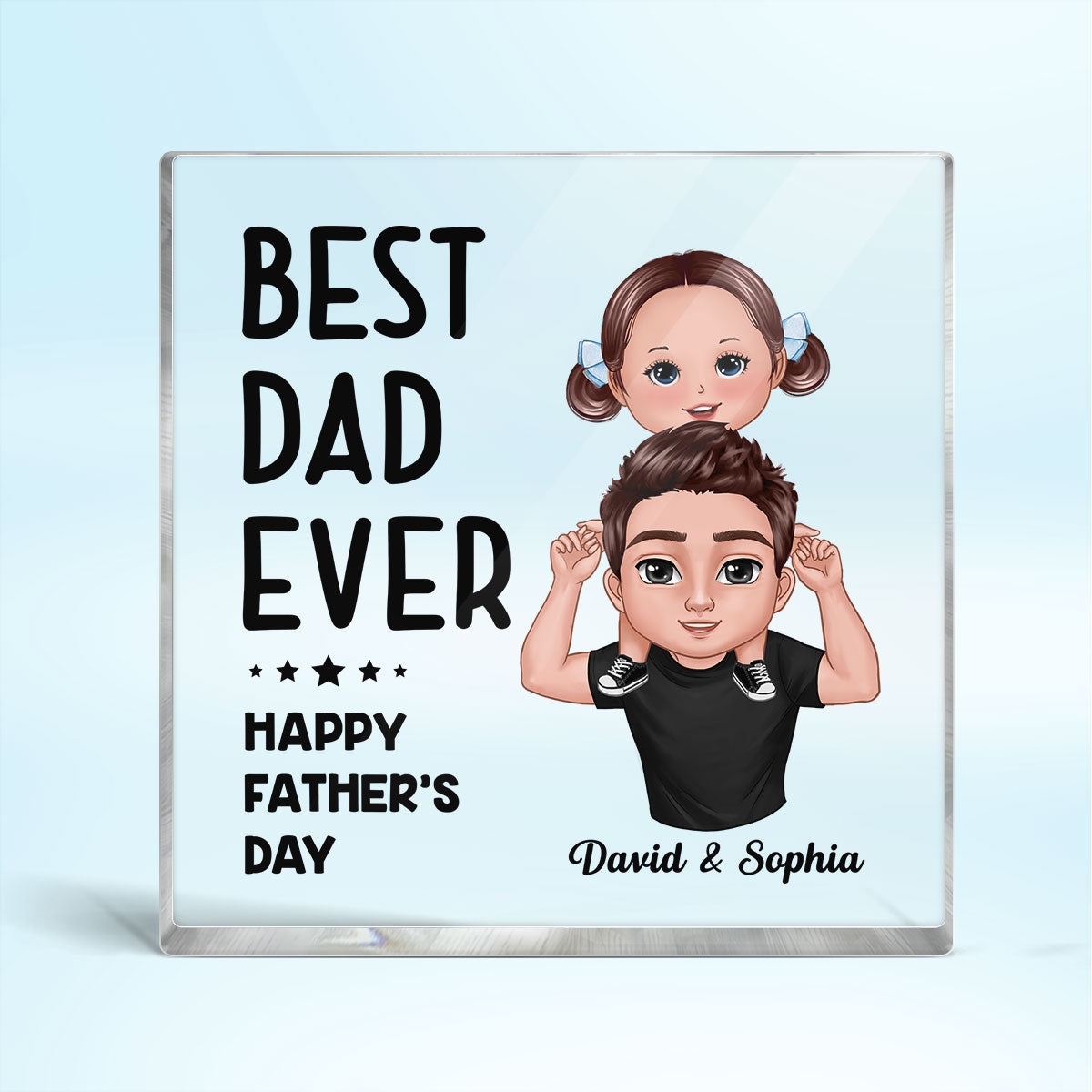 Best Dad Ever Happy Father‘s Day Doll Dad And Kids Piggyback Personalized Square Acrylic Block Plaque