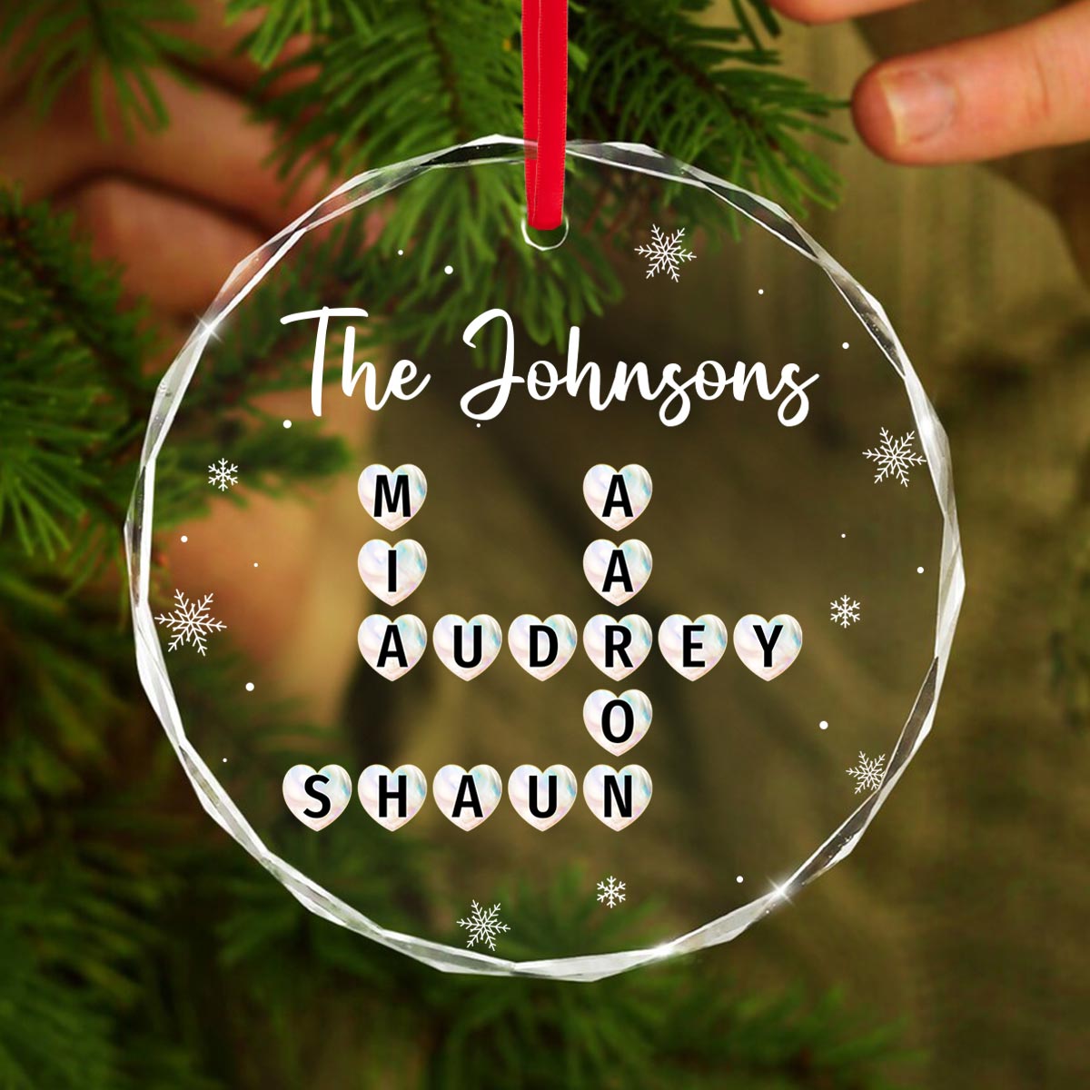 Unique Family Decor Beautiful Heart Crossword Puzzle Art Personalized Glass Ornament, Christmas Keepsake