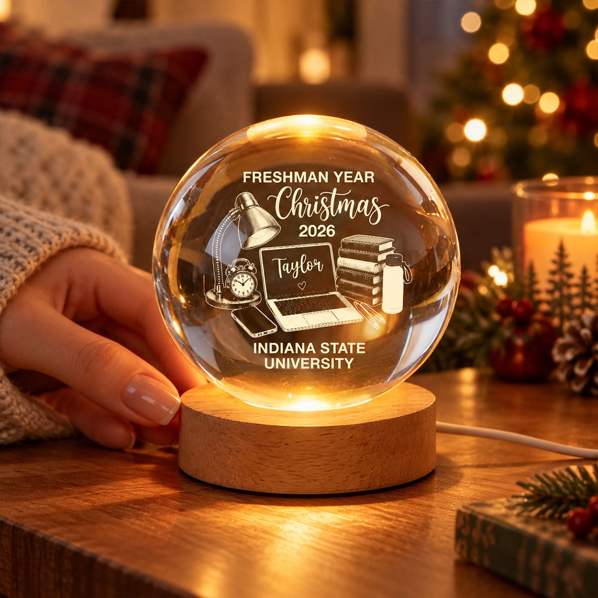Freshman Year Christmas Study Desk – Personalized Crytal Ball Night Light – College Student Christmas Gift, First Year Keepsake