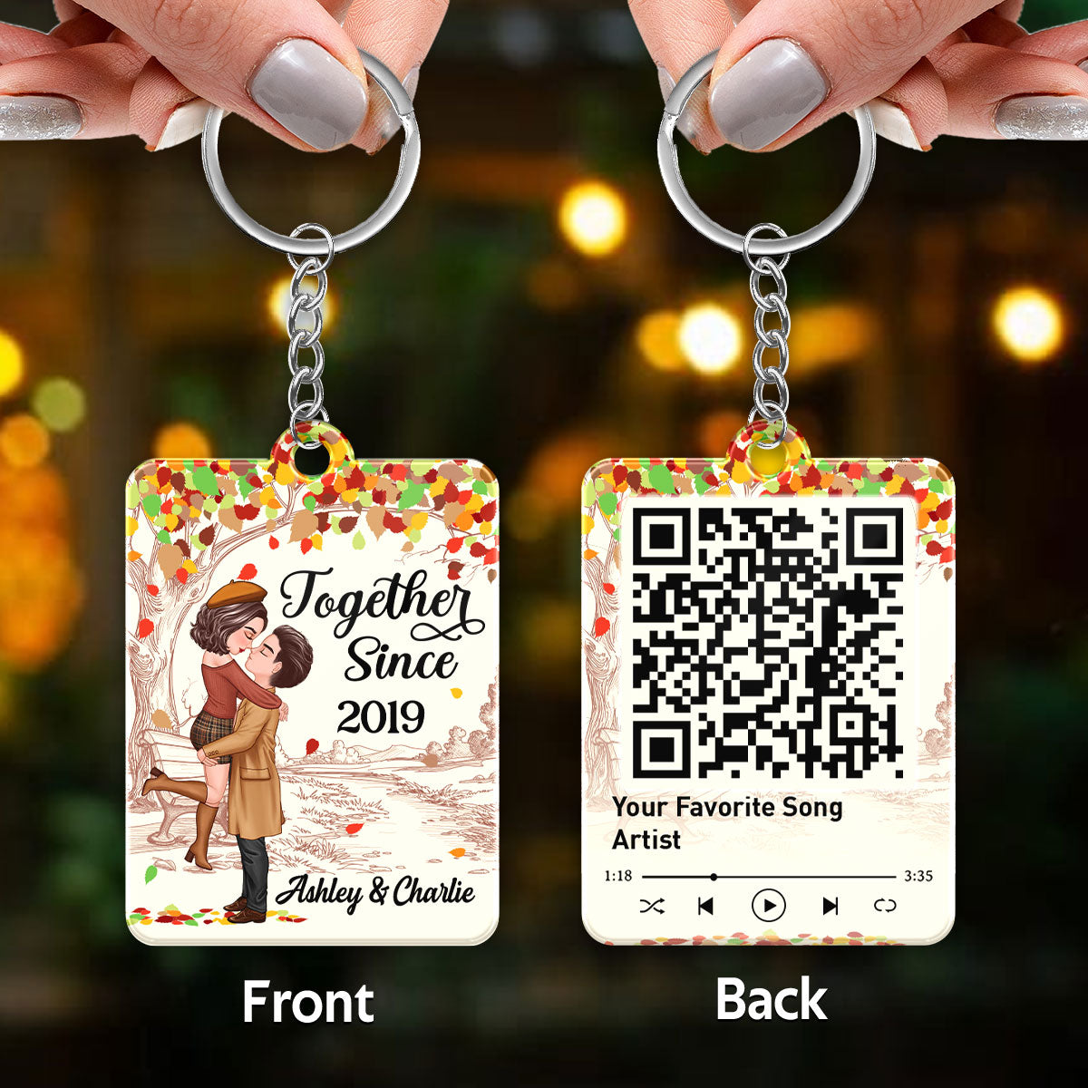 Doll Couple Kissing Under Fall Season Tree Favorite Song QR Code Personalized Acrylic Keychain