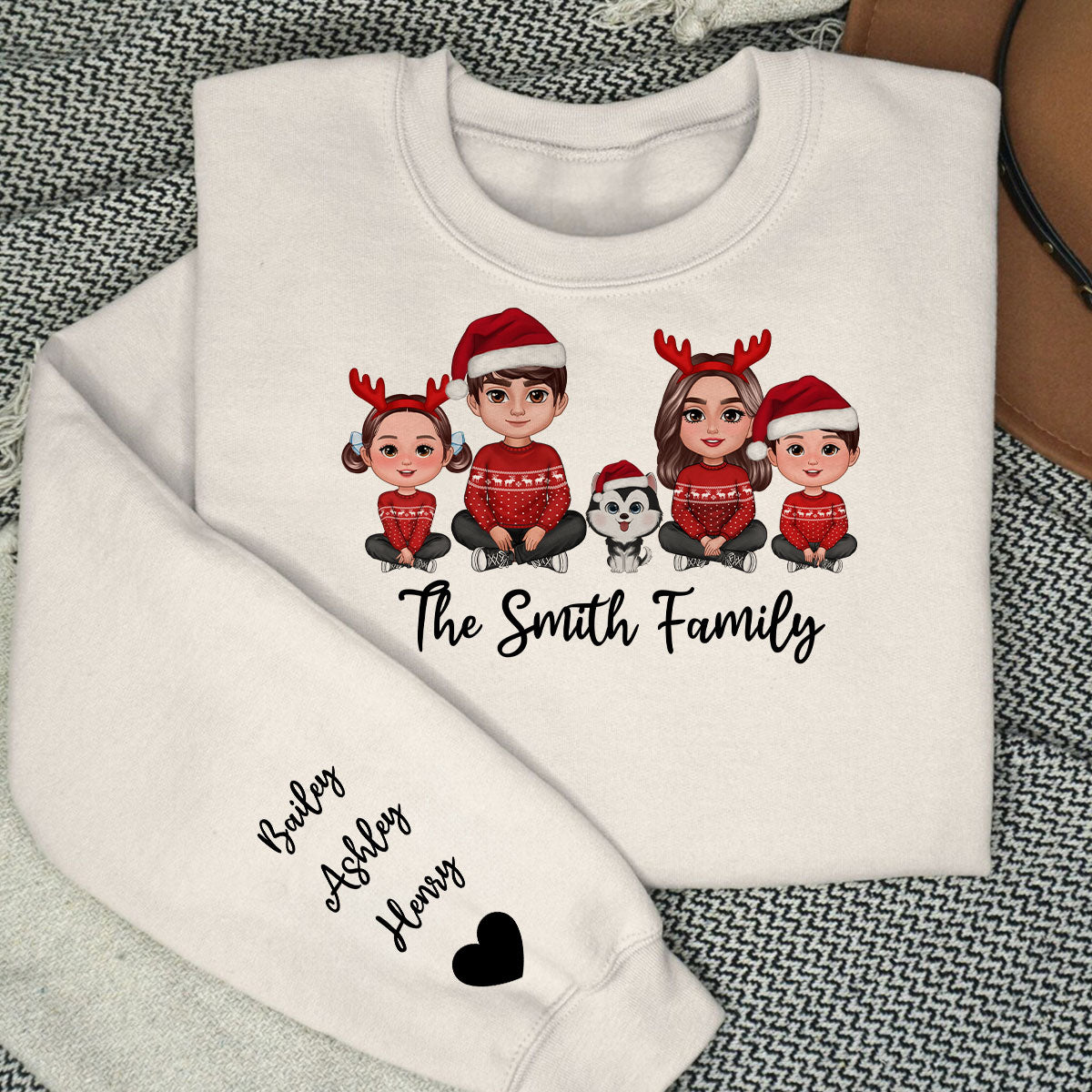 Doll Family Sitting Christmas Personalized Sleeve Printed Sweatshirt
