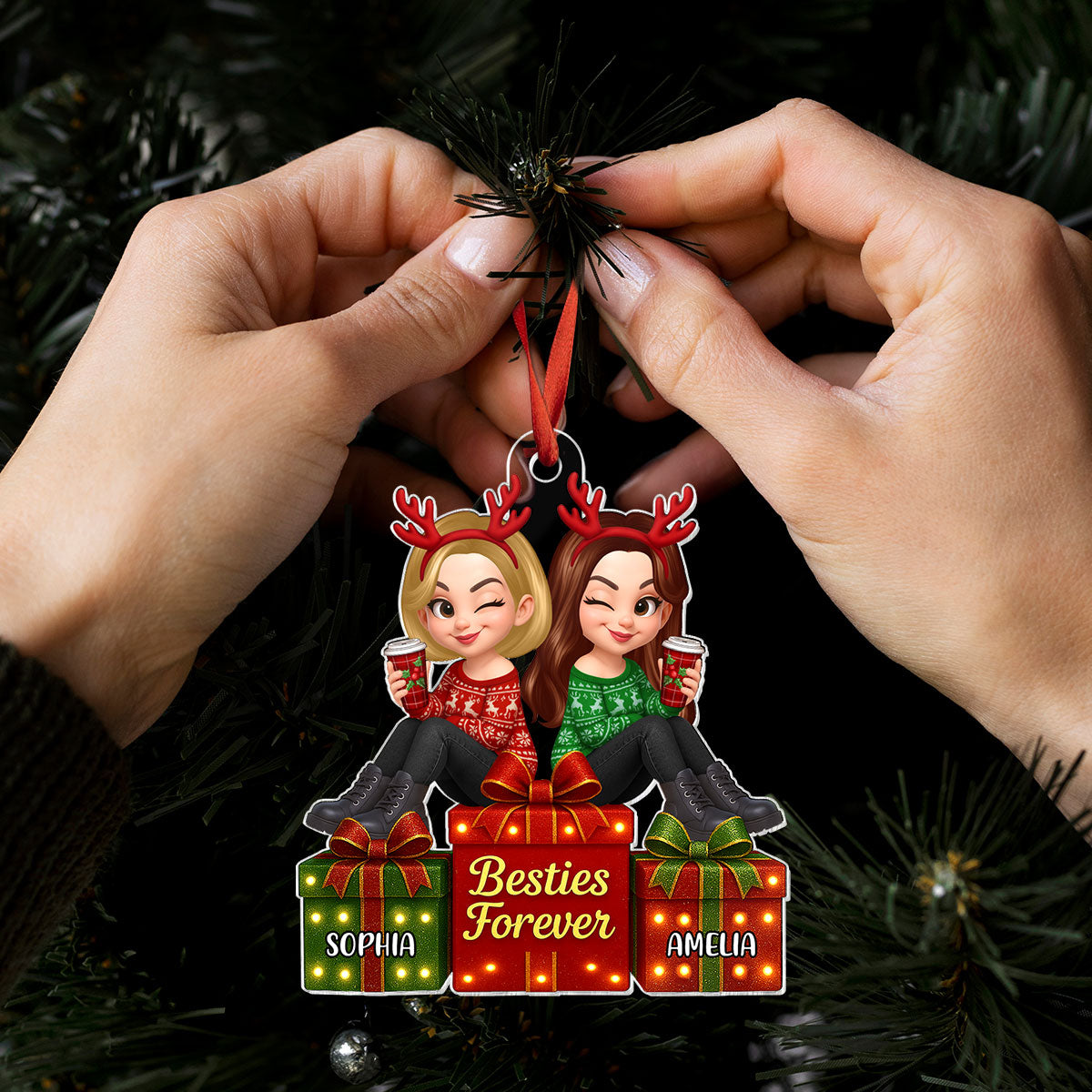 Besties Forever Beautiful Marquee Pattern Effect Gift Box Christmas - Personalized Acrylic Ornament