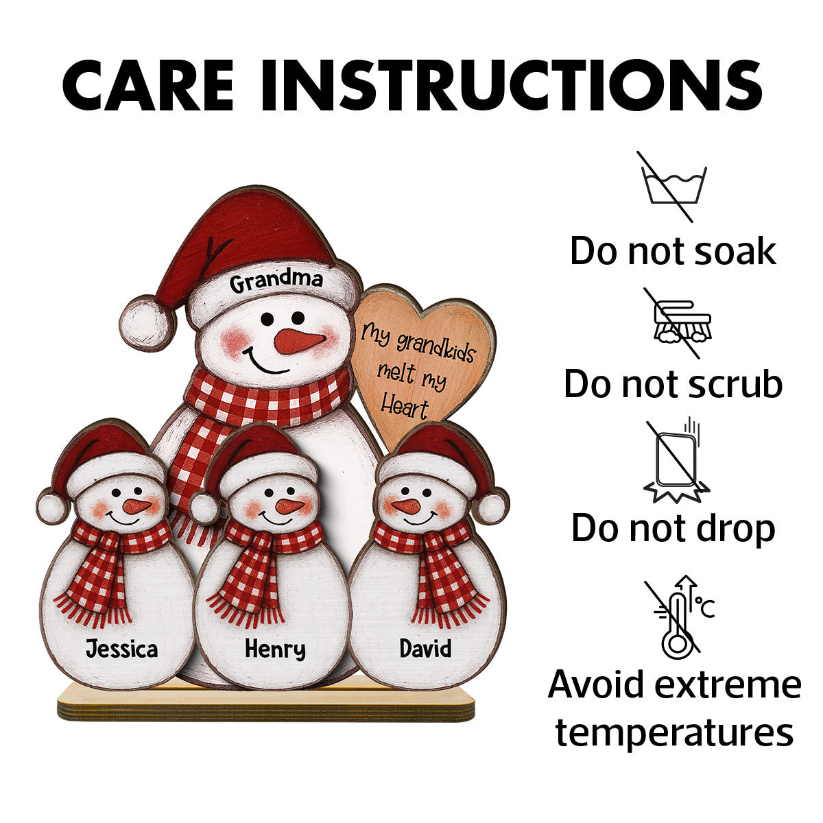 Folk Art Cute Snowman Grandma & Grandkid - Personalized 2-Layer Wooden Plaque - Christmas Decor
