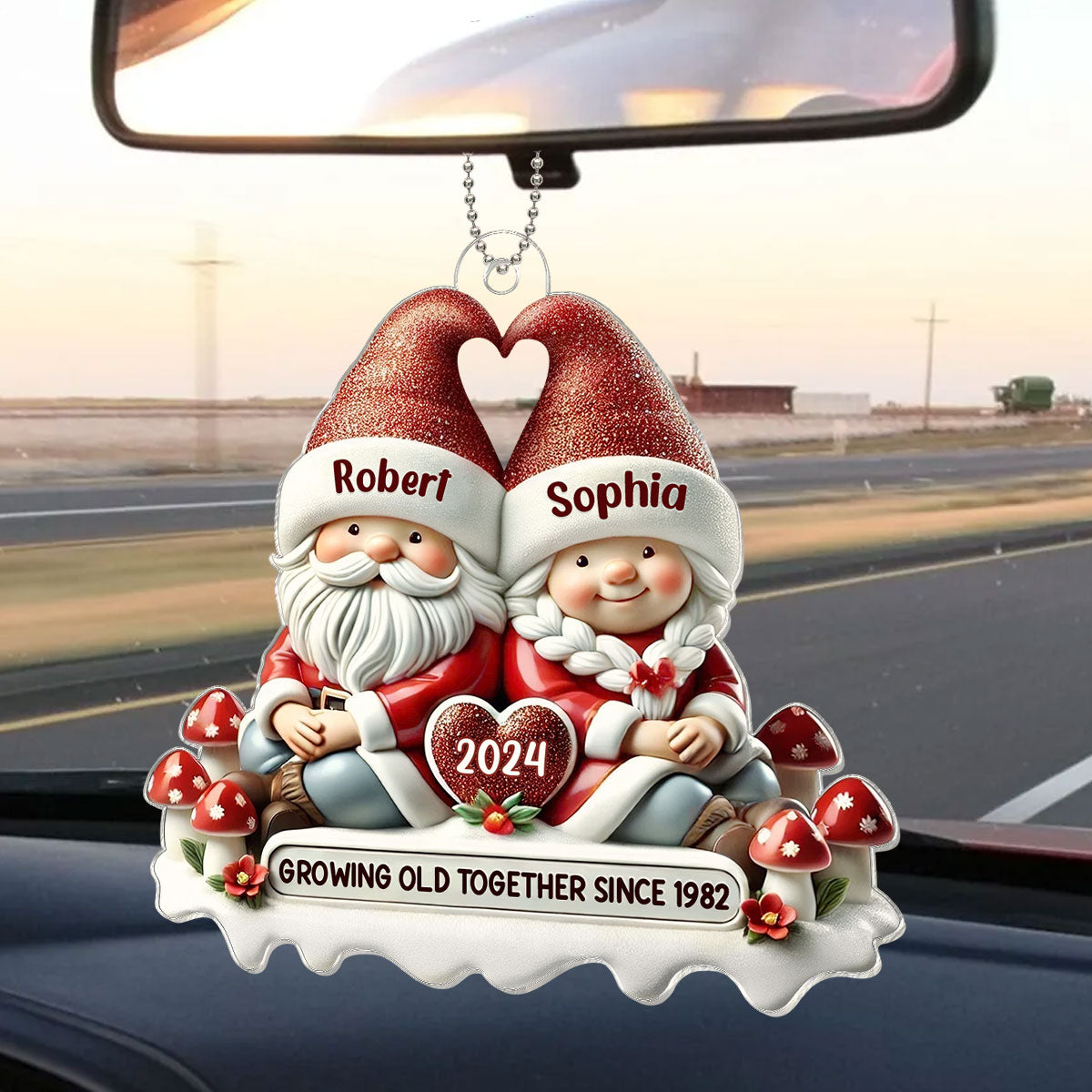 3D Effect Gnome Couple Personalized Acrylic Car Hanger Ornament, Valentine's Gift For Him, For Her, Husband, Wife