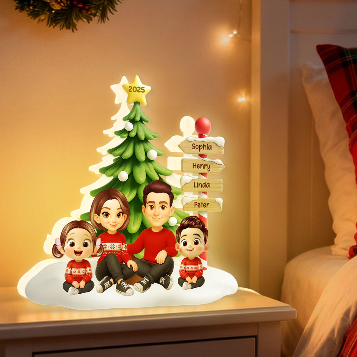 Family Sitting Christmas Directional Signpost - Personalized Light Box - Festive Christmas Decor, Christmas Gift for her, Gift for him
