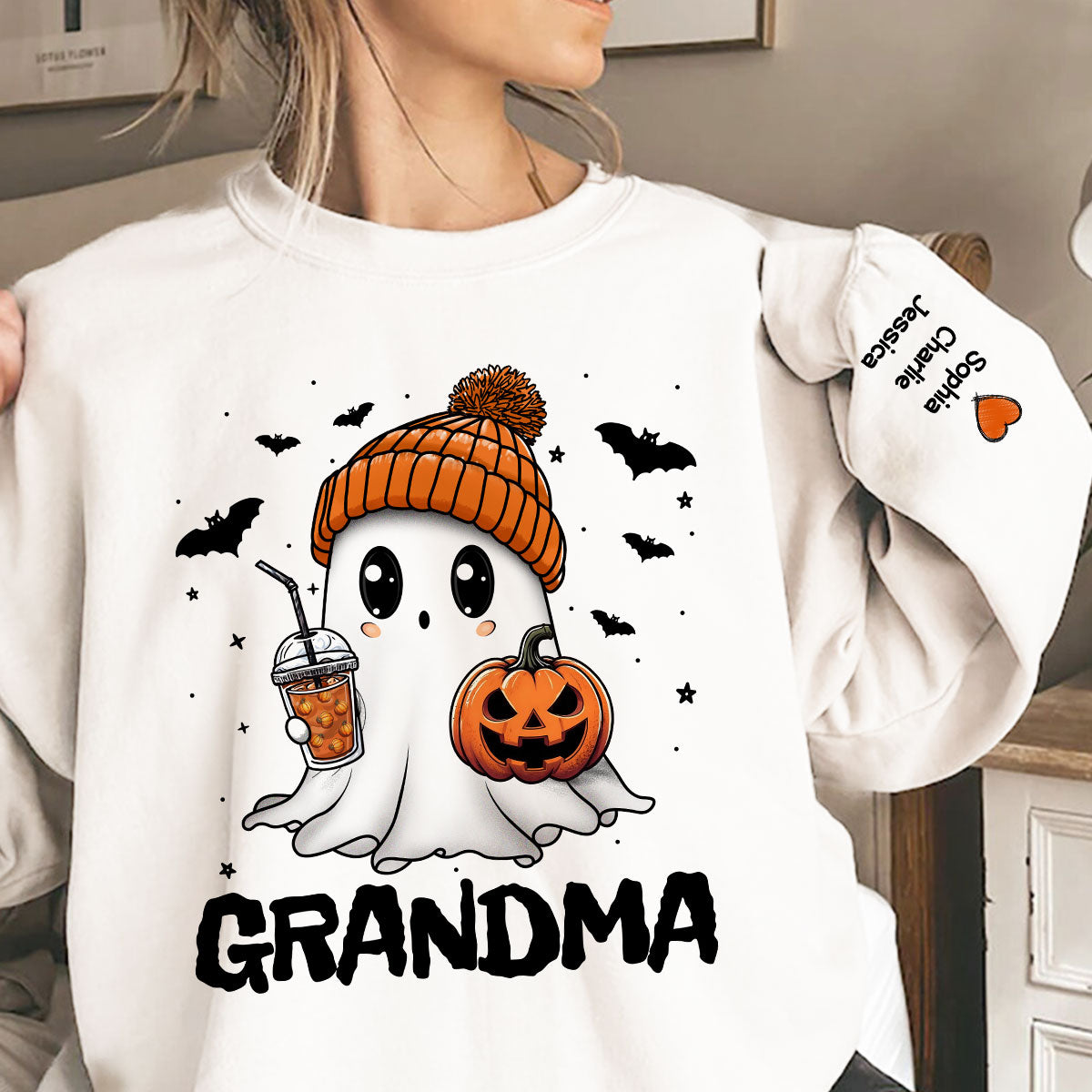 Fall Season Halloween Grandma Boo Personalized Sleeve Printed Sweatshirt, Gift For Grandma