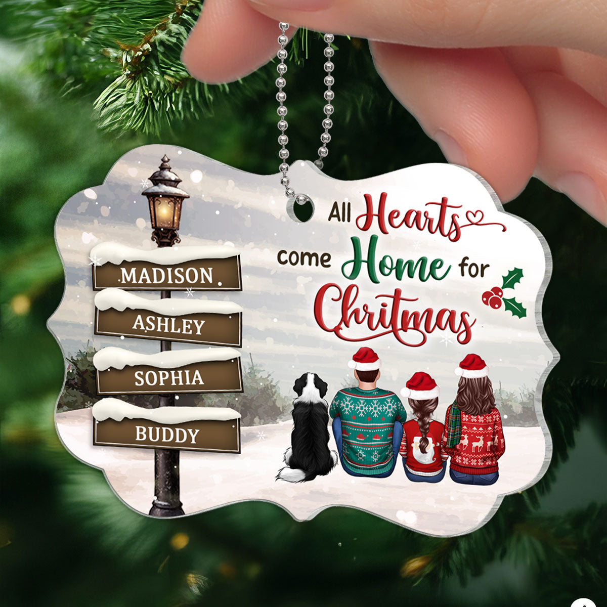 Family Back View Sitting Christmas Lamp Post Personalized Acrylic Ornament, Christmas Gift For Family