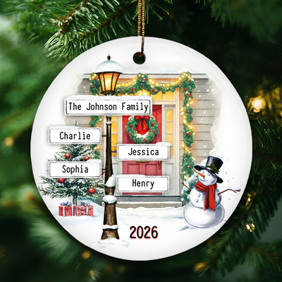 Family Christmas Street Lamp Directional Signs Personalized Ceramic Ornament, Christmas Gift For Family