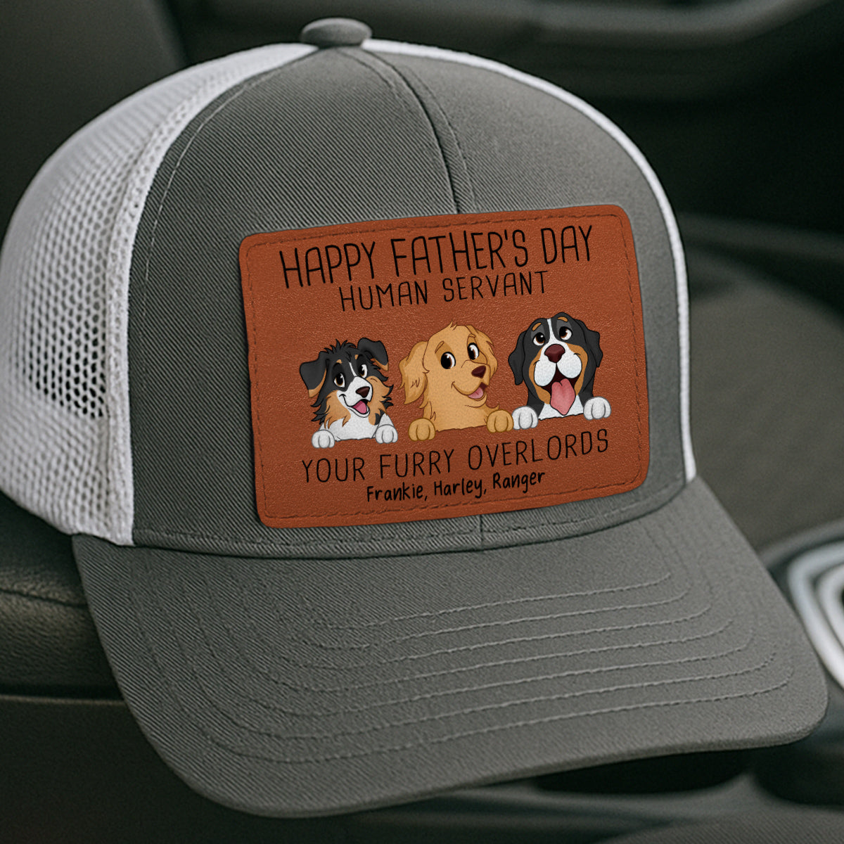 Happy Father‘s Day Human Servant Funny Cute Dogs Personalized Leather Patch Hat, Gift For Dog Dad