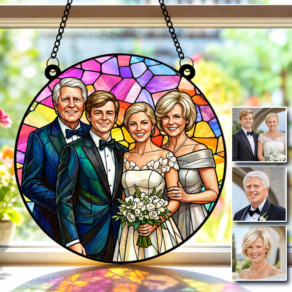 Stained Glass Family Portrait - Personalized Acrylic Window Hanger – Add Deceased Loved One to Photo, Custom Memorial Gift