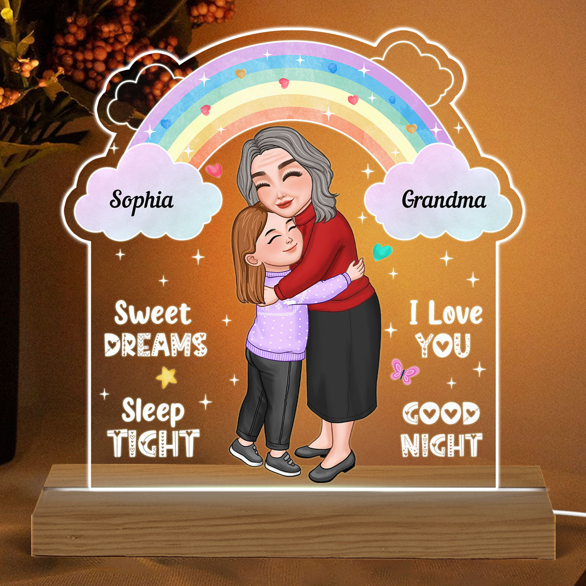 Sweet Dreams Sleep Tight Grandma Mom Hugging Little Girl Personalized Acrylic Plaque With LED Night Light