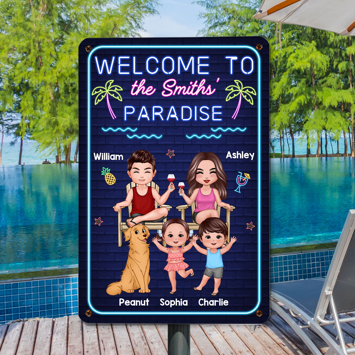Welcome Family Paradise Neon Brick Background Personalized Metal Sign