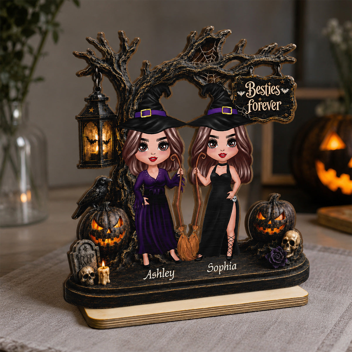 Witch Besties Spooky Halloween Tree 2D Flat - Personalized 2-Layer Wooden Plaque - Tabletop Tier Tray Wicca Pagan Decor