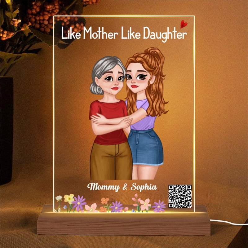 Like Mother Like Daughter Cartoon Hugging Mom Daughter Favorite Song QR Code Personalized Rectangle Acrylic Plaque With LED Night Light