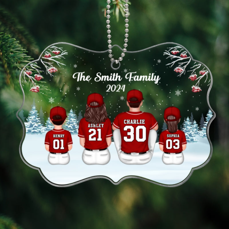 Baseball Family Sitting In Snow Personalized Acrylic Ornament, Christmas Gift
