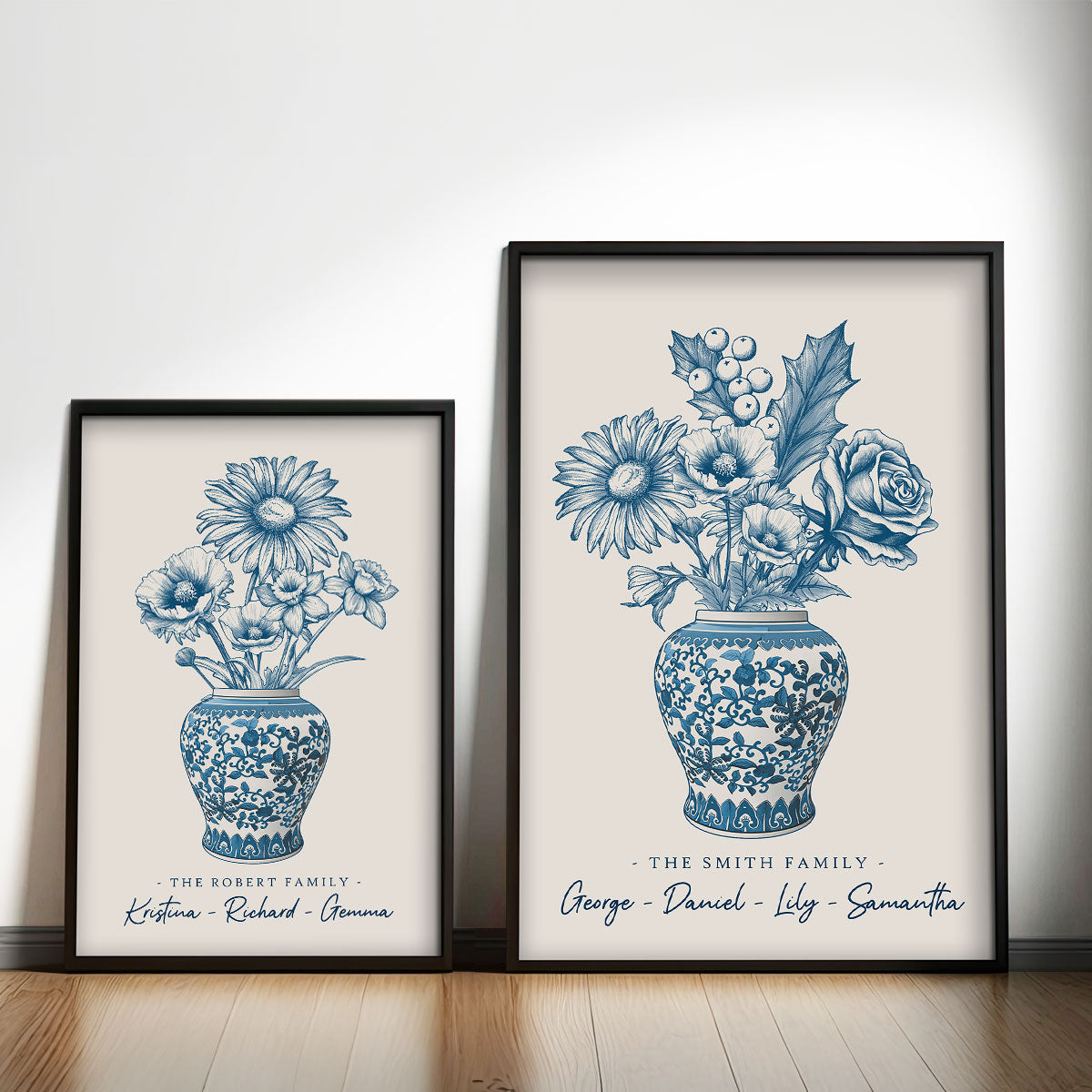 Family Birth Flower Blue Chinoiserie Vase Personalized Poster, Home Decor, Housewarming Gift