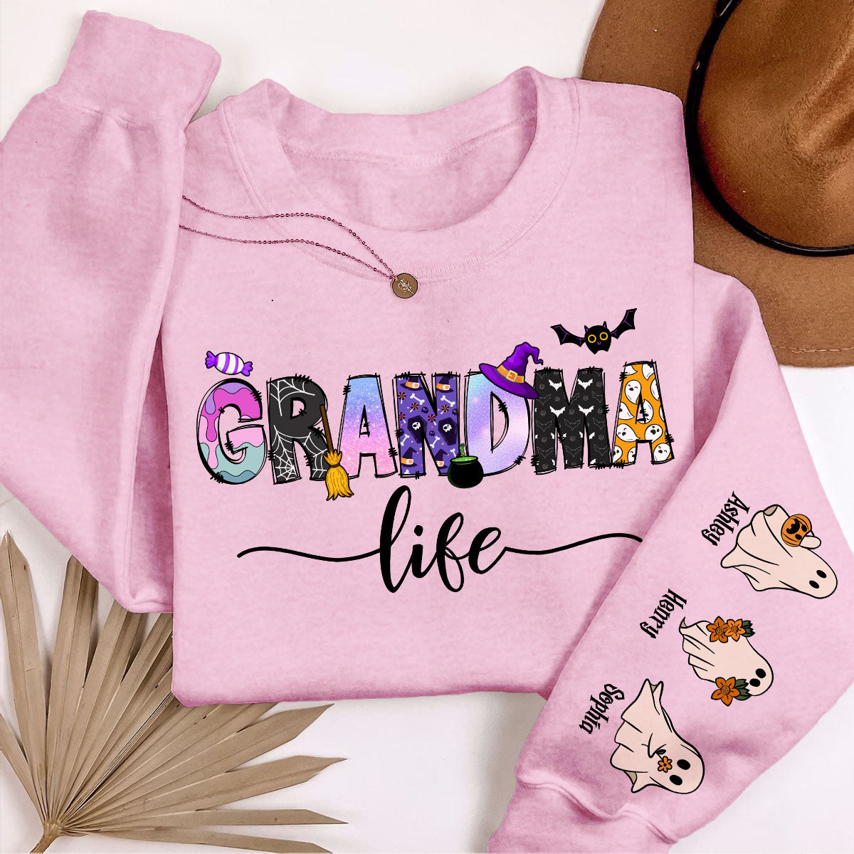 Halloween Grandma Nana Life Personalized Sleeve Printed Sweatshirt