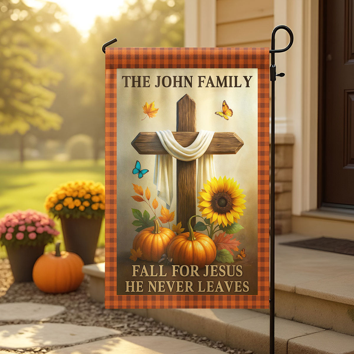 Fall for Jesus He Never Leaves Personalized Garden Flag, Fall Decor
