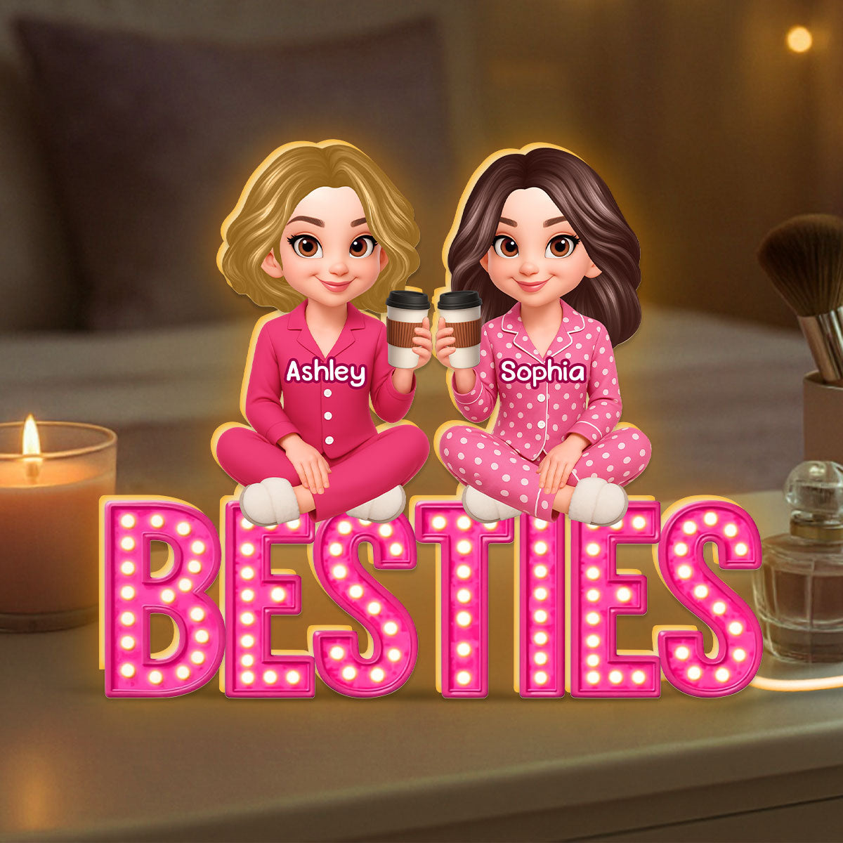 Pink Marquee Besties Sisters Sitting On Text Personalized Light Box