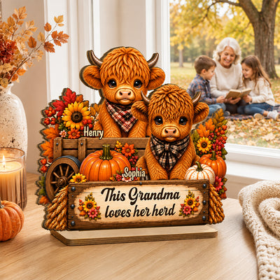 Grandma Loves Her Herd Autumn Leopard - Personalized 2-Layered Wooden Plaque - Fall Season Decor Gift, Gift For Grandma
