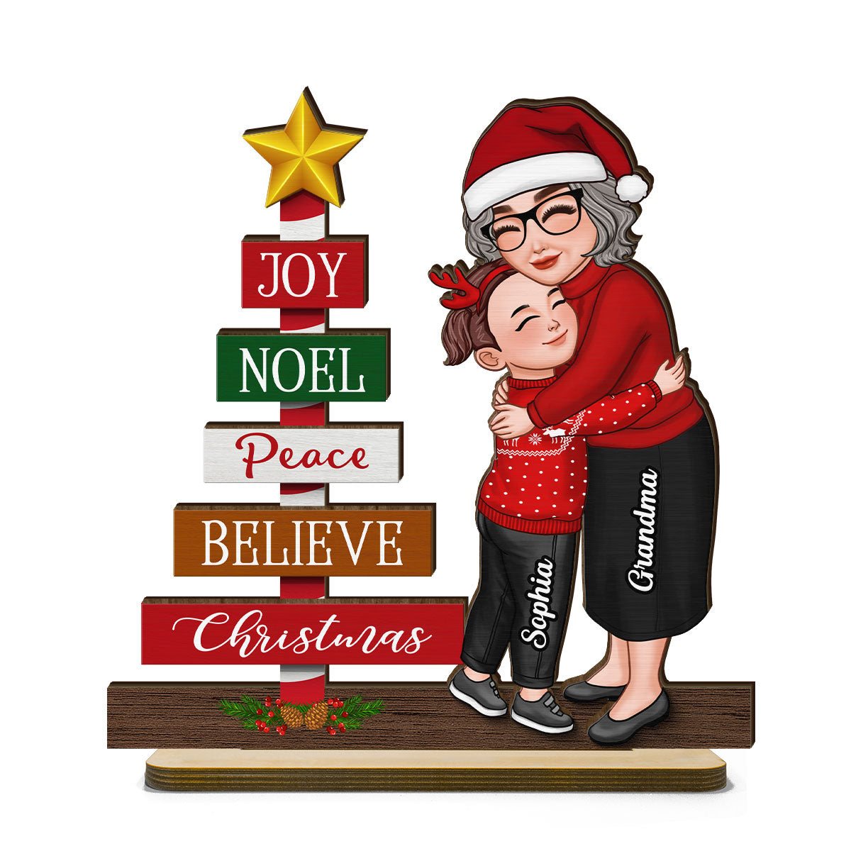 Joy Peace Believe Christmas Gift For Granddaughter Grandson Personalized 2-Layer Standing Wooden Plaque
