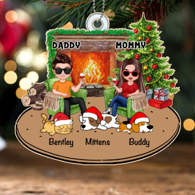 Doll Couple And Dogs Cats Christmas Personalized Wooden Ornament