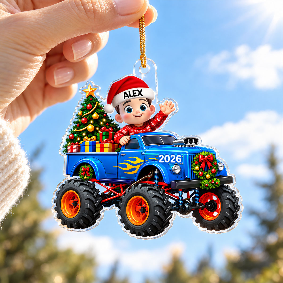 Little Kid With Monster Truck - Personalized Acrylic Ornament - Christmas Gift For Kids, Grandkids, Grandson, Granddaughter, Son, Daughter