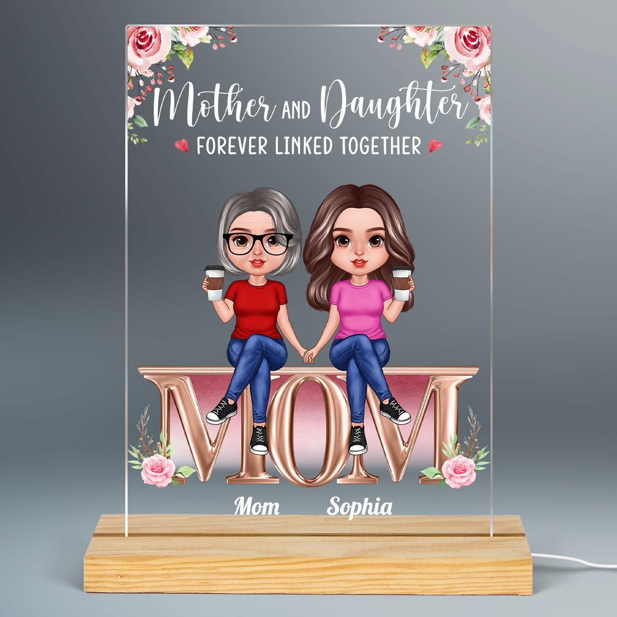 Realistic Mother Daughters Sitting On Text Personalized Acrylic LED Night Light