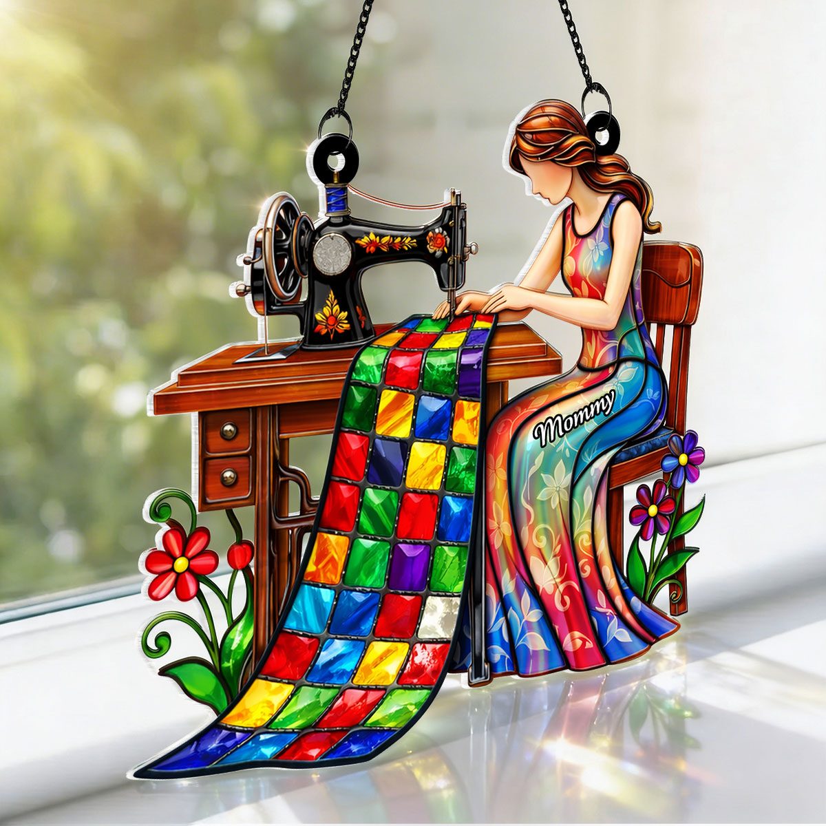 Mom Grandma Sewing Colorful Quilt - Personalized Acrylic Window Hanging - Gift For Mom, Grandma