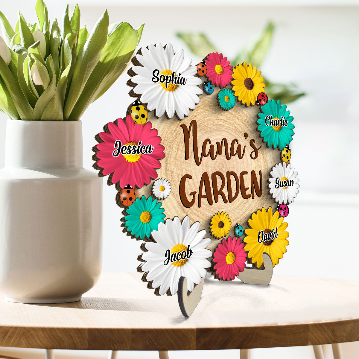 Grandma Mom Garden Flowers Personalized 2-Layer Wooden Plaque