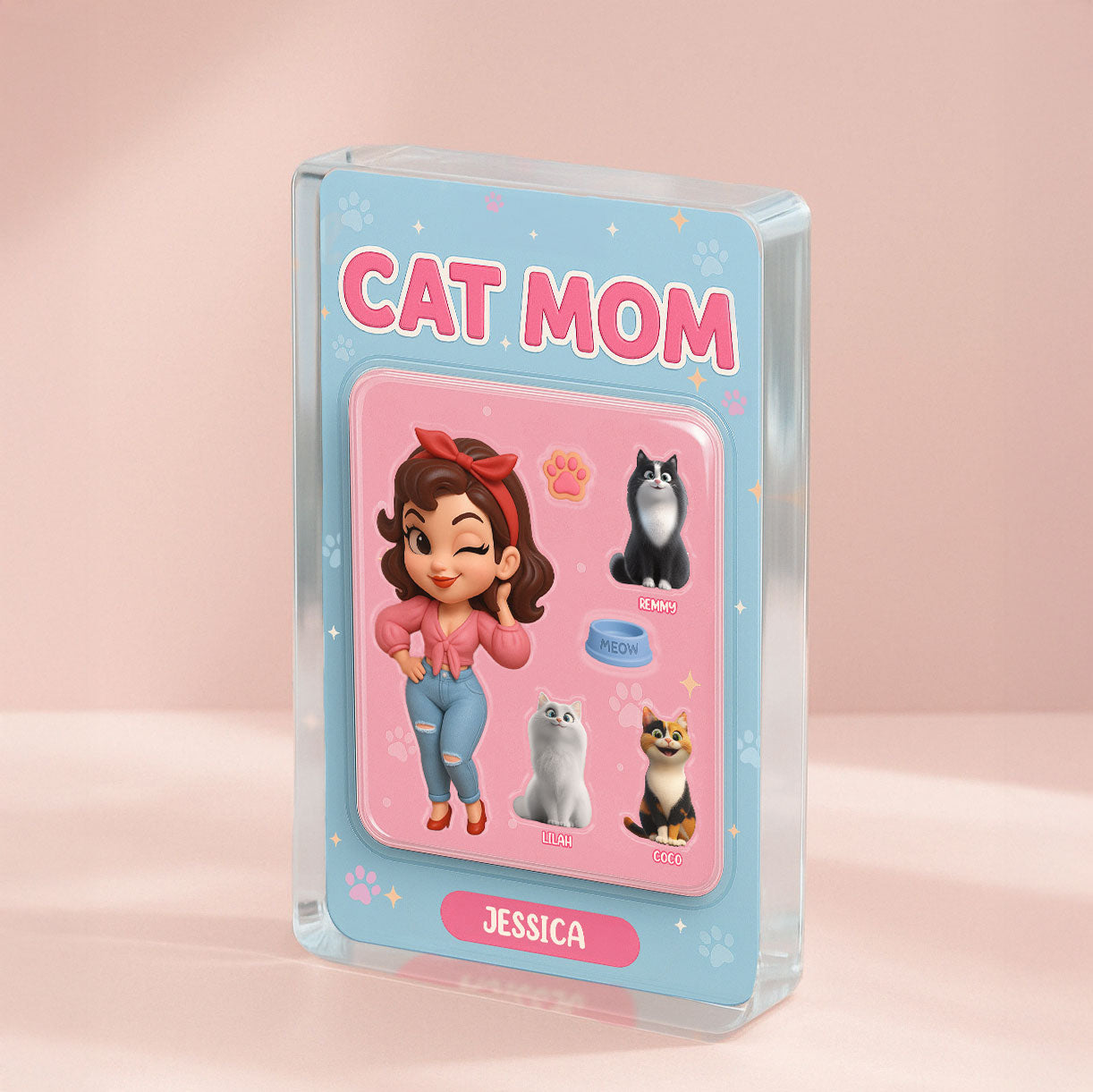 Cat Mom Custom Figure Cute Cartoon Cats Personalized Acrylic Block Plaque, Gift for Cat Mom