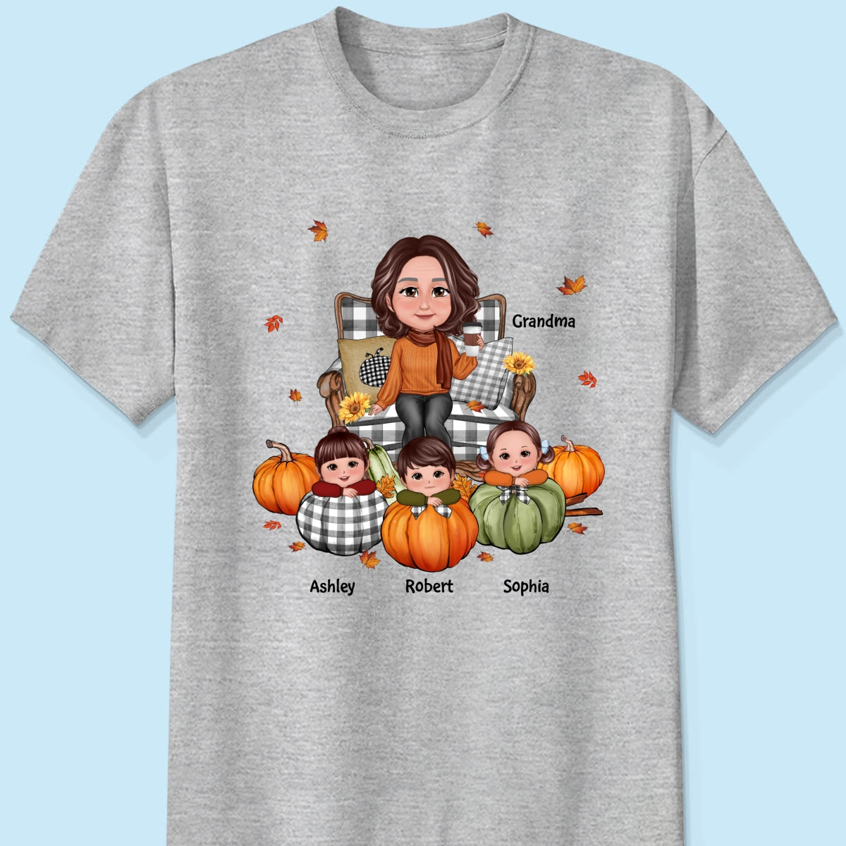 Grandma Sitting On Chair & Kids Pumpkin - Personalized Shirt