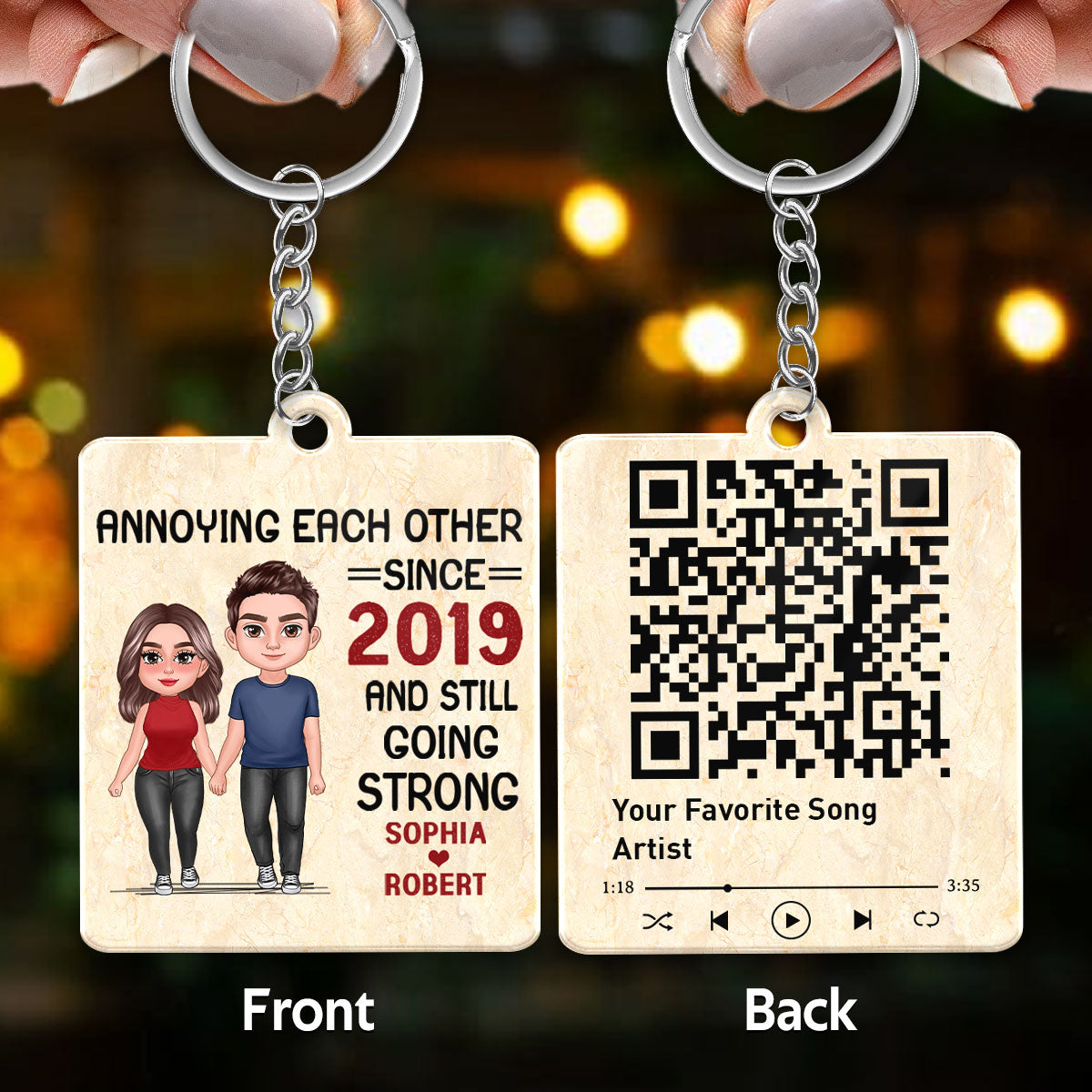 Annoying Each Other Standing Couple Personalized Favorite Song QR Code Personalized Acrylic Keychain