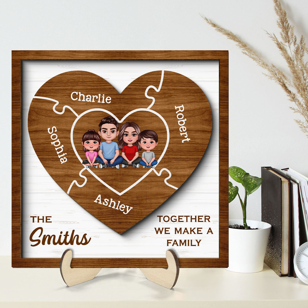 Together We Make A Family Puzzle Heart Personalized 2-Layer Wooden Plaque