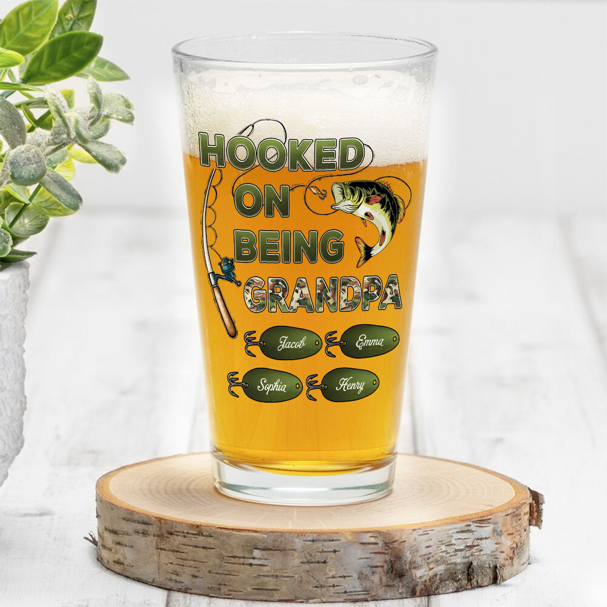 Hook On Being Grandpa Fishing Camouflage Personalized Beer Glass