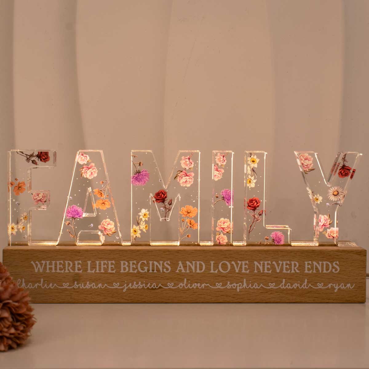 Family Whole Lot Of Love Birth Month Flower Personalized LED Night Light, Christmas Gift For Family, For Husband, Wife, Dad, Mom