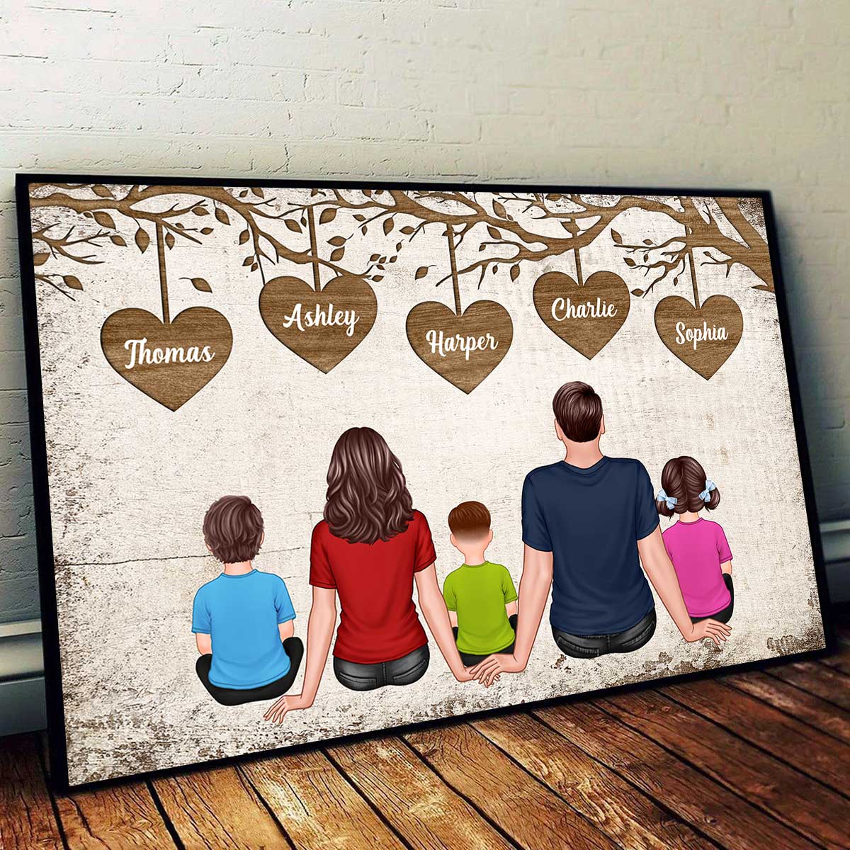 The Whole Family Couple Dad Mom Kids Dogs Cats Sitting Under Heart Tree Personalized Horizontal Poster