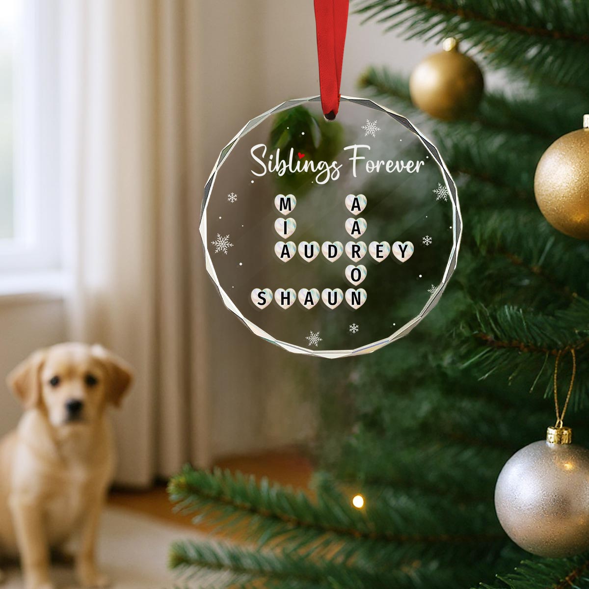 Siblings Forever Unique Gift For Brothers Sister Heart Crossword Puzzle Art Personalized Glass Ornament, Christmas Keepsake