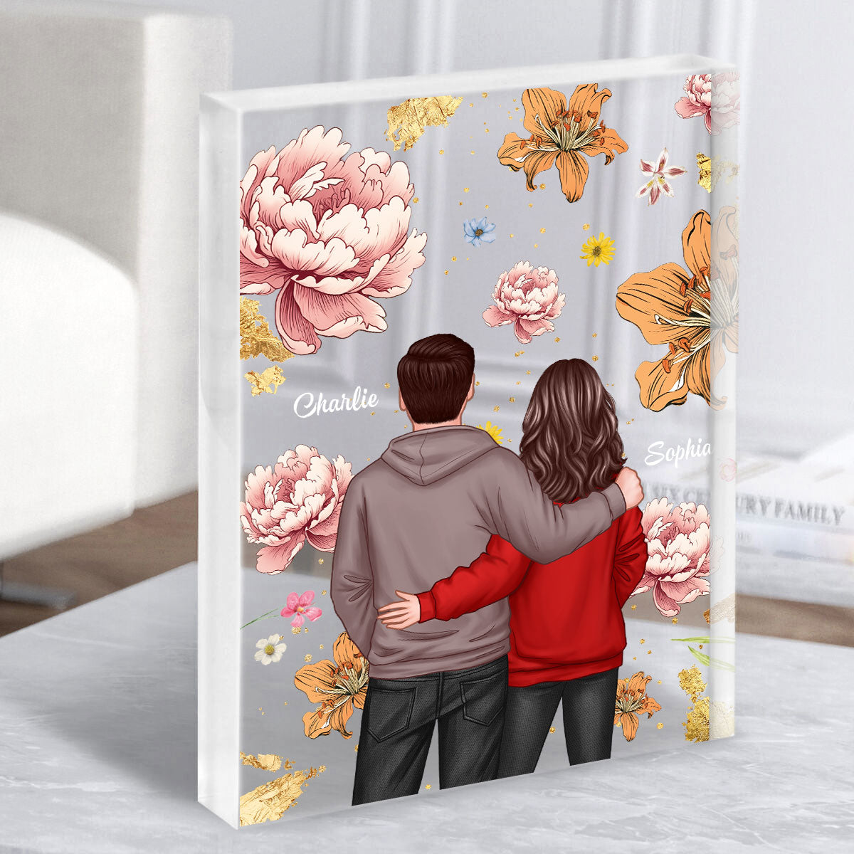 Couple Hugging Back View Birth Month Flower Personalized Acrylic Block Plaque, Heartfelt 2025  Gift, Anniversary Gift For Girlfriend, For Wife