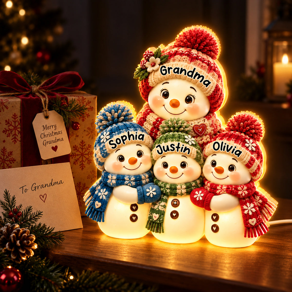 Cute Snowman Grandma Hugging Grandkids - Personalized Light Box - Heartfelt Christmas Gift for Grandma