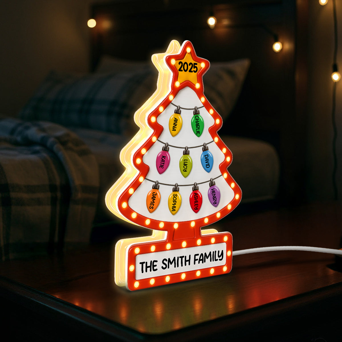 3D Effect Christmas Tree Lights Marquee Texture Family Members Names Personalized LED Light Box