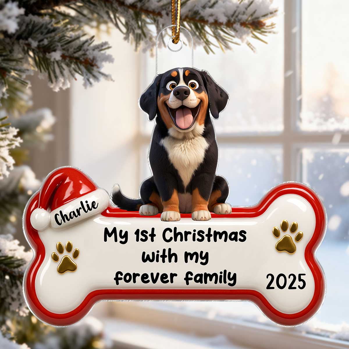 1st Christmas With Forever Family Cartoon Dog 3D Effect - Personalized Acrylic Ornament