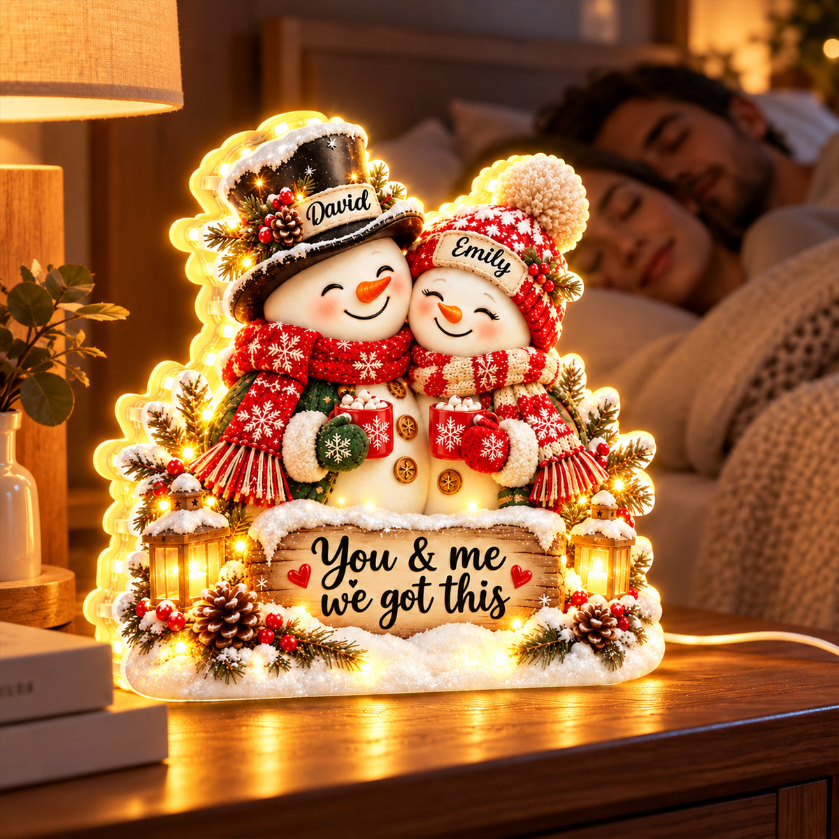 Snowman Couple Hugging - Personalized Light Box - Heartfelt Christmas Gift for Her, Gift for Him
