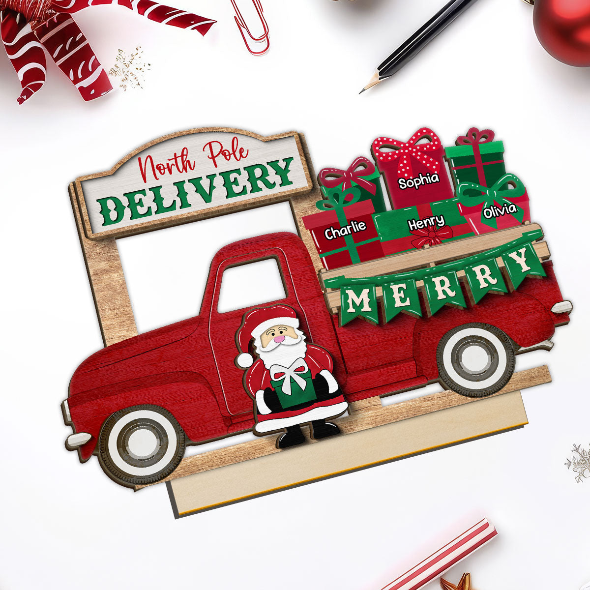 Santa Gifts Christmas Truck Personalized 2-Layer Standing Wooden Plaque, Christmas Decoration, Tiered Tray Decor