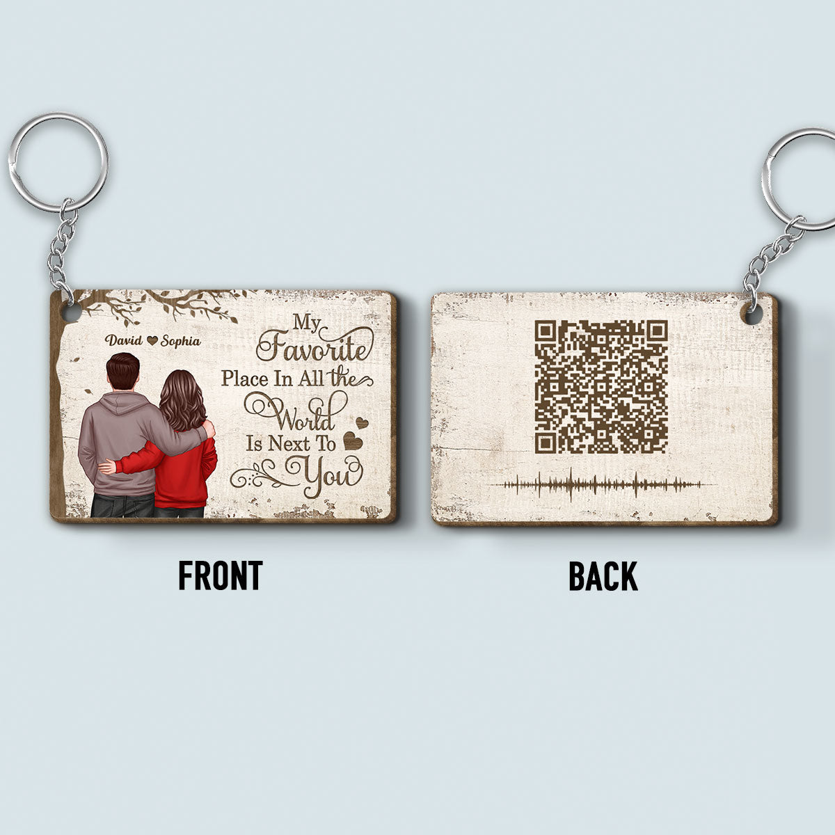 My Favorite Place Couple Back View Personalized Wooden Keychain, Soundwave Art, Custom Your Heartfelt Voice Message for her & for him