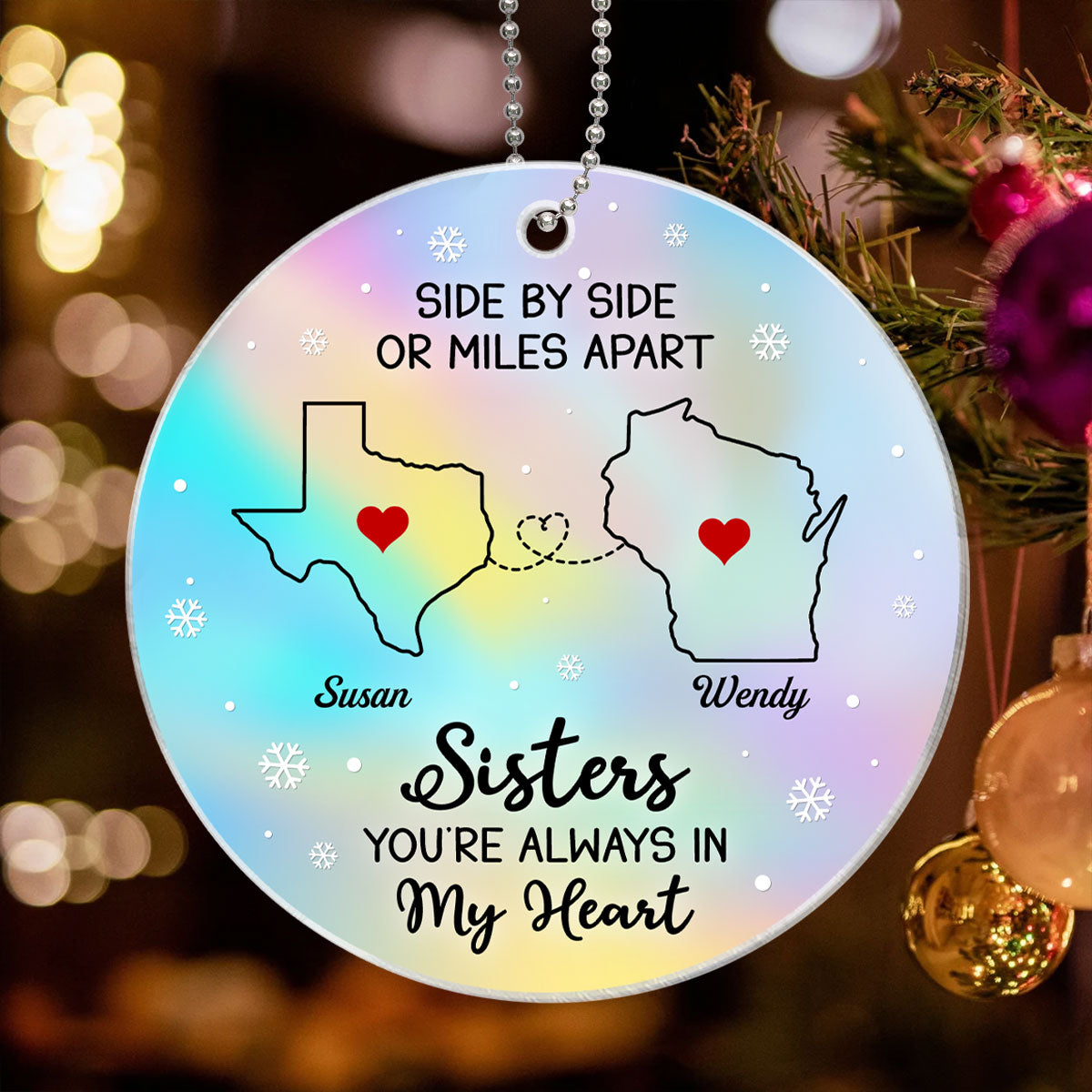 Long Distance Hologram Patterned Family Friends Siblings Sisters Besties Personalized Acrylic Ornament, Togetherness Christmas Gift