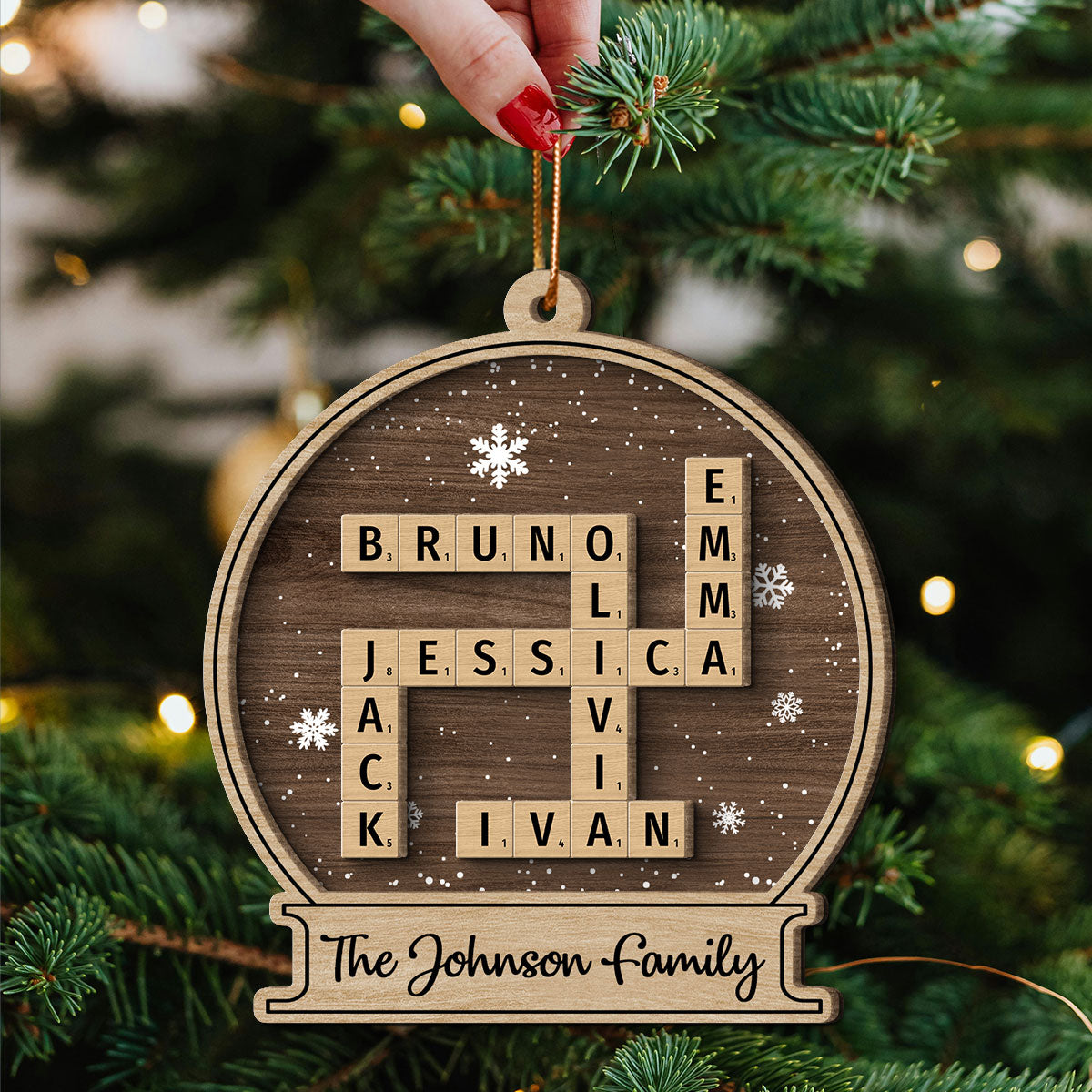 Family Names In Snow Globe Crossword Puzzle Art Personalized 2-Layer Wooden Ornament, Christmas Decor, Christmas Gift For Families