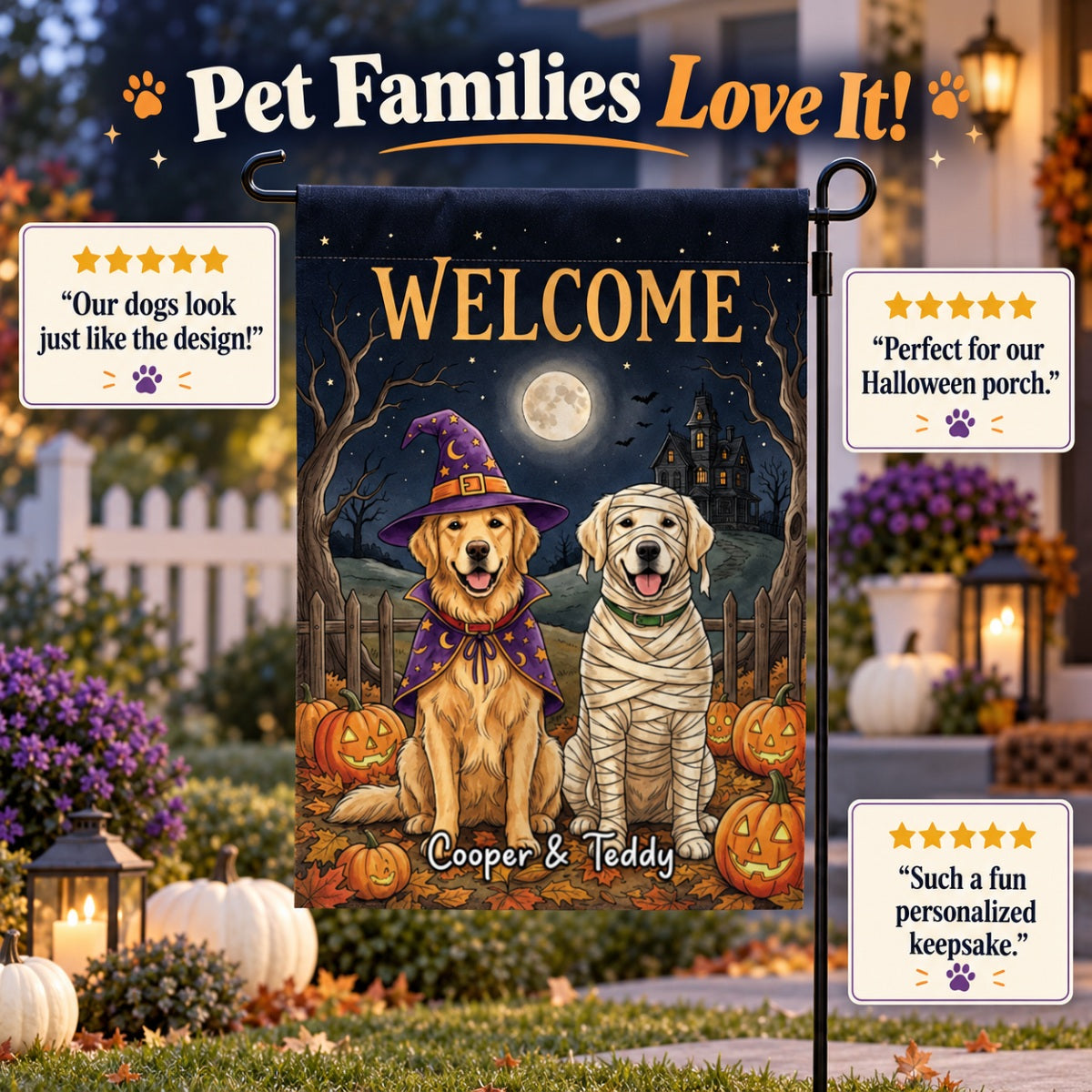 Vintage Dog Cat Halloween Night Photo Upload - Personalized Garden Flag - Halloween Gift For Dog Mom, Cat Mom