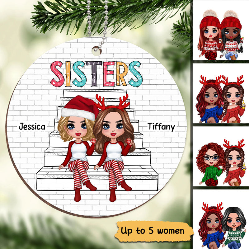 Besties Sisters Sitting Outline Background Personalized Wooden Ornament